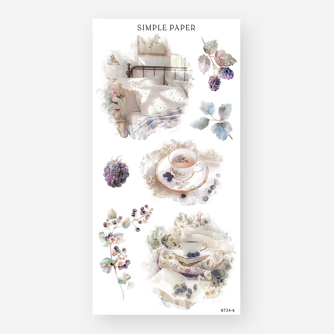 Cottage sticker sheet with a cozy bed, floral teacup, and blackberry branches, July 2024 Sheet K