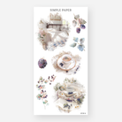 Cottage sticker sheet with a cozy bed, floral teacup, and blackberry branches, July 2024 Sheet K
