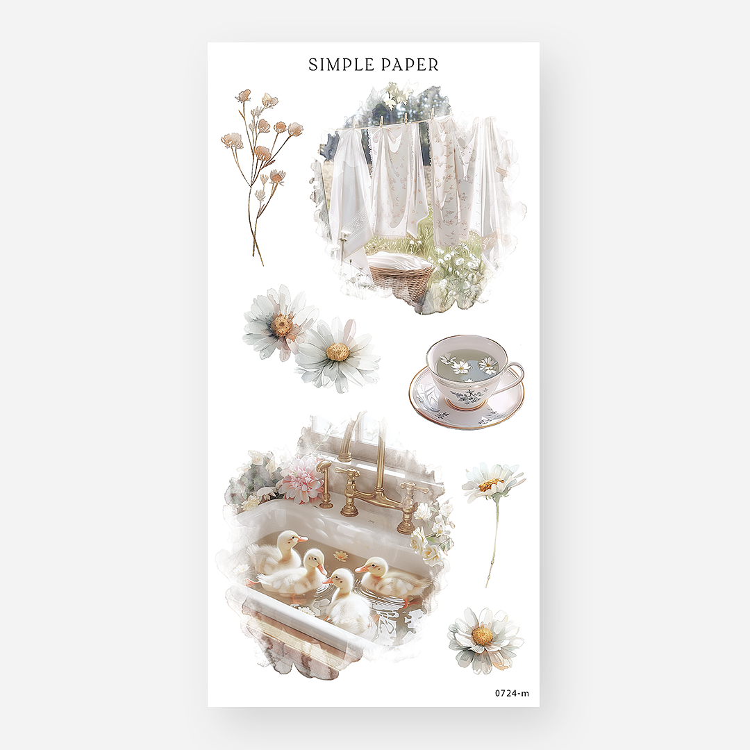 Cottagecore sticker sheet with ducklings in a sink, a floral teacup, and laundry on a line, July 2024 Sheet M