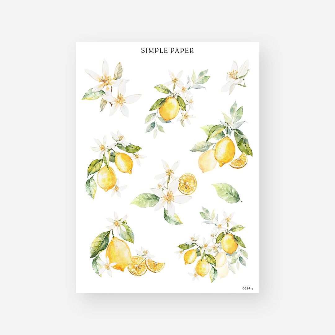 Watercolor lemon branch and blossom stickers with lemon slices, June 2024 Sheet A