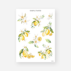 Watercolor lemon branch and blossom stickers with lemon slices, June 2024 Sheet A