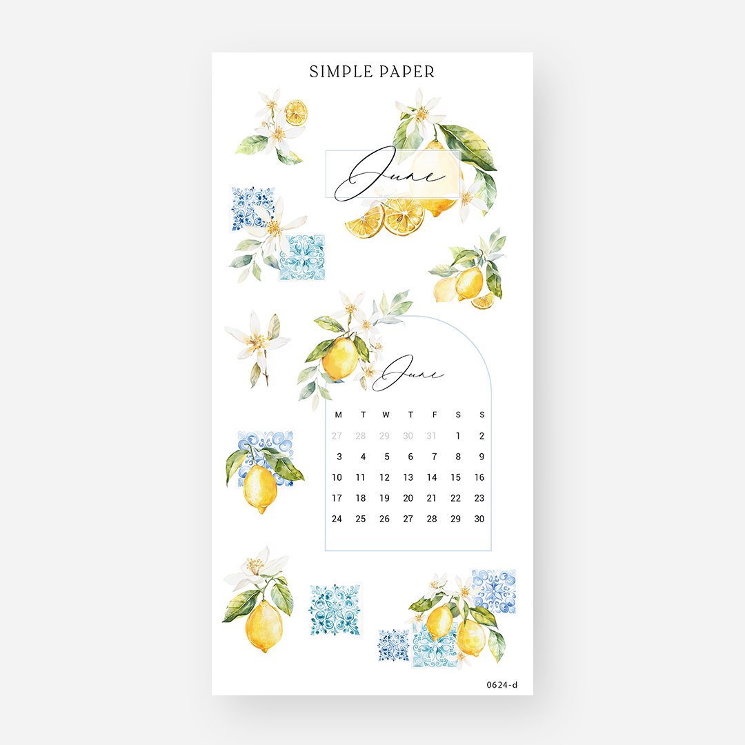 June calendar sticker sheet with lemons, citrus blossoms and blue tile accents, June 2024 Sheet D