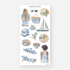 Coastal lifestyle stickers with sailboat, beach umbrella and mezze platter, June 2024 Sheet E