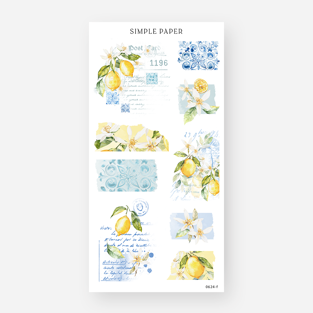 Lemon collage ephemera stickers with blue tile patterns and postcard script, June 2024 Sheet F