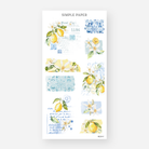Lemon collage ephemera stickers with blue tile patterns and postcard script, June 2024 Sheet F