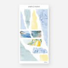 Torn washi strip stickers in lemon yellow and blue with coastal cliff scenes, June 2024 Sheet G