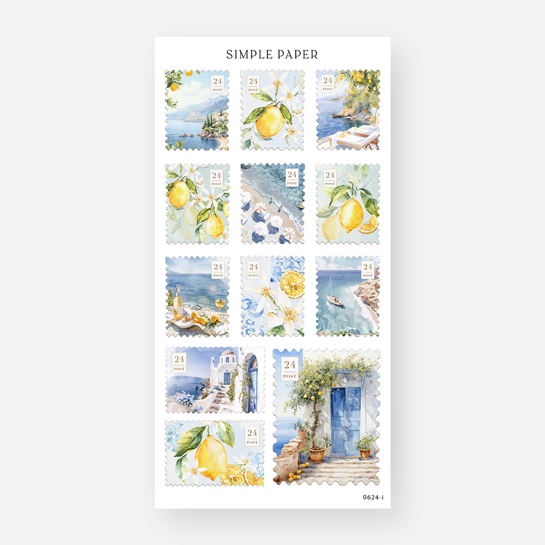 Coastal postage stamp stickers with lemons, beach umbrellas and blue-doored buildings, June 2024 Sheet I