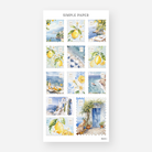 Coastal postage stamp stickers with lemons, beach umbrellas and blue-doored buildings, June 2024 Sheet I