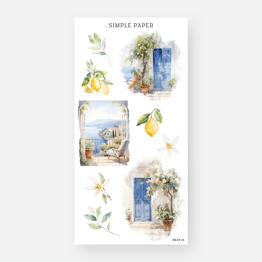 Blue door stickers with lemon trees and a coastal balcony window view, June 2024 Sheet M