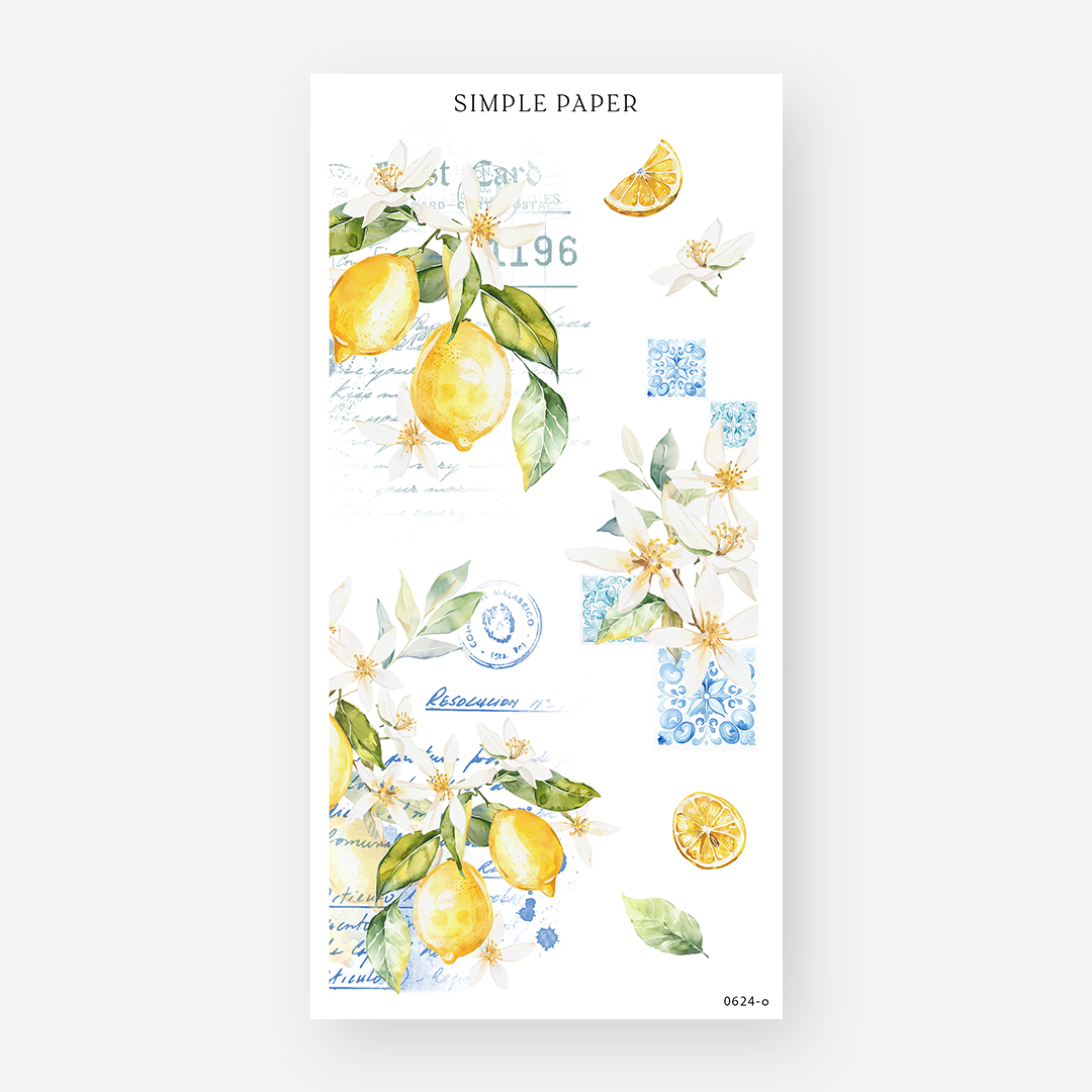 Lemon postcard collage stickers with blue tile patterns and postal stamps, June 2024 Sheet O