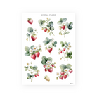 Strawberry botanical stickers with red and white berries, white blossoms, and green leaves, Sheet A