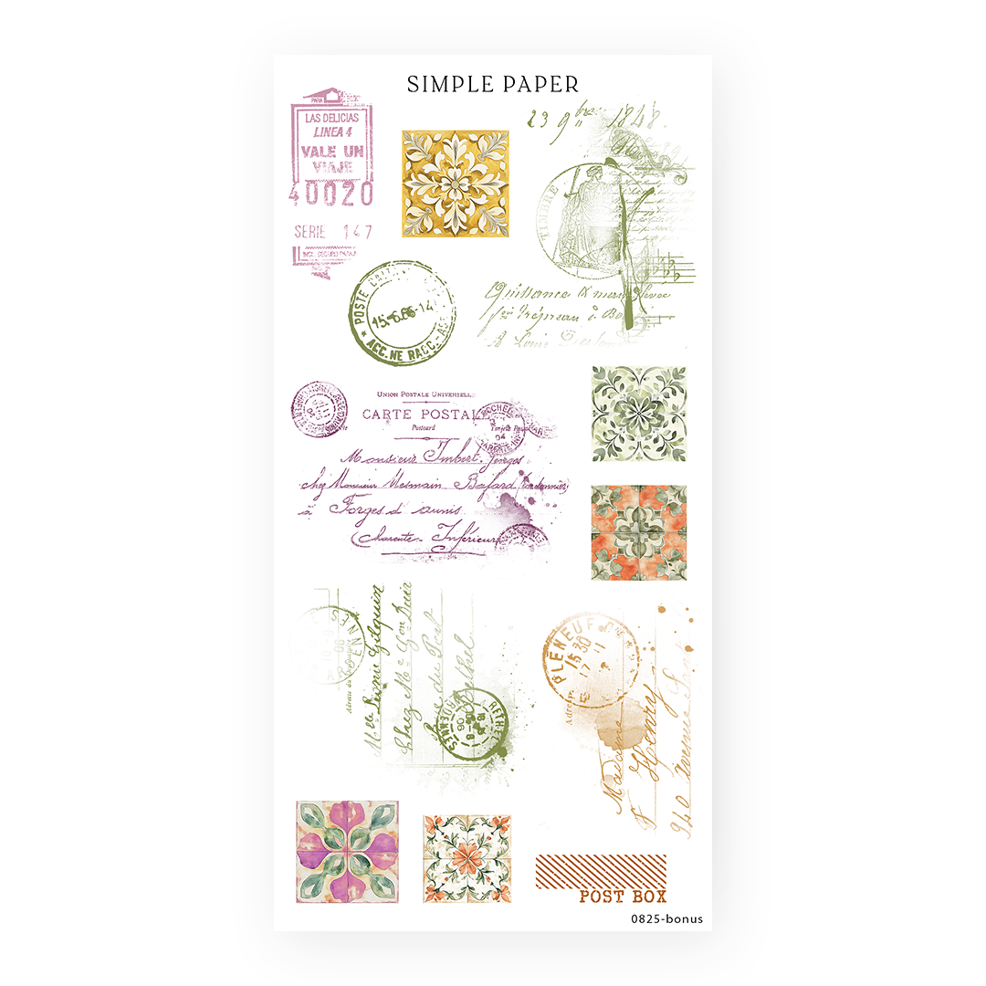 Letters From Tuscany – Bonus sheet of textured stamps, ephemera, and handwritten layers