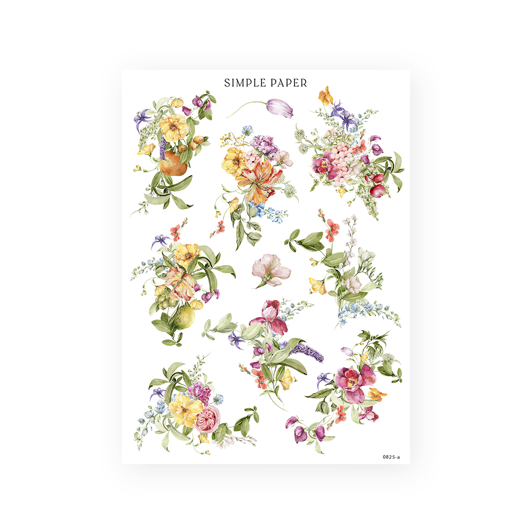 Mixed garden bouquets in yellow, plum, coral and lilac with loose floral stems, Sheet A