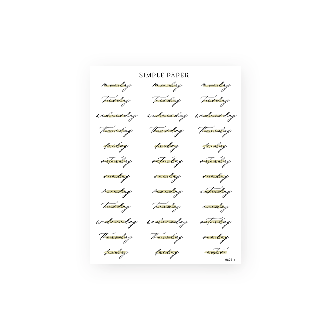 Cursive weekday planner labels with a mustard highlight and a notes label, Sheet C