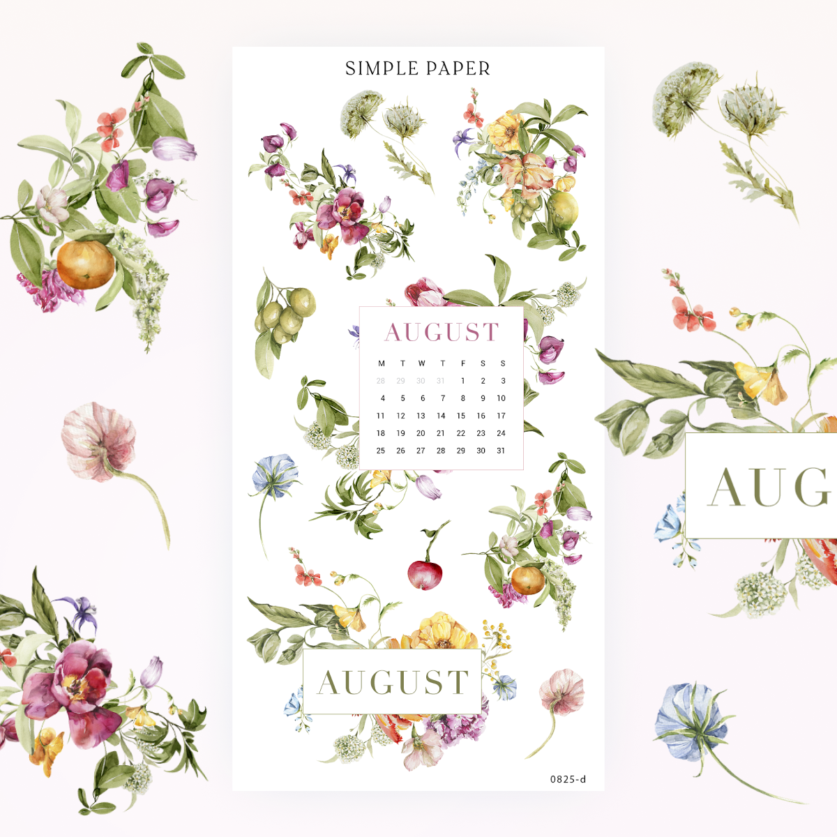 August calendar grid with floral and fruit accents and August banner labels, Sheet D