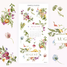 August calendar grid with floral and fruit accents and August banner labels, Sheet D