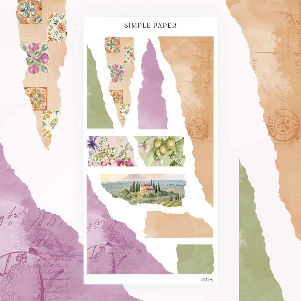 Torn paper strips, mosaic tiles, a floral spray and a villa landscape scene, Sheet G