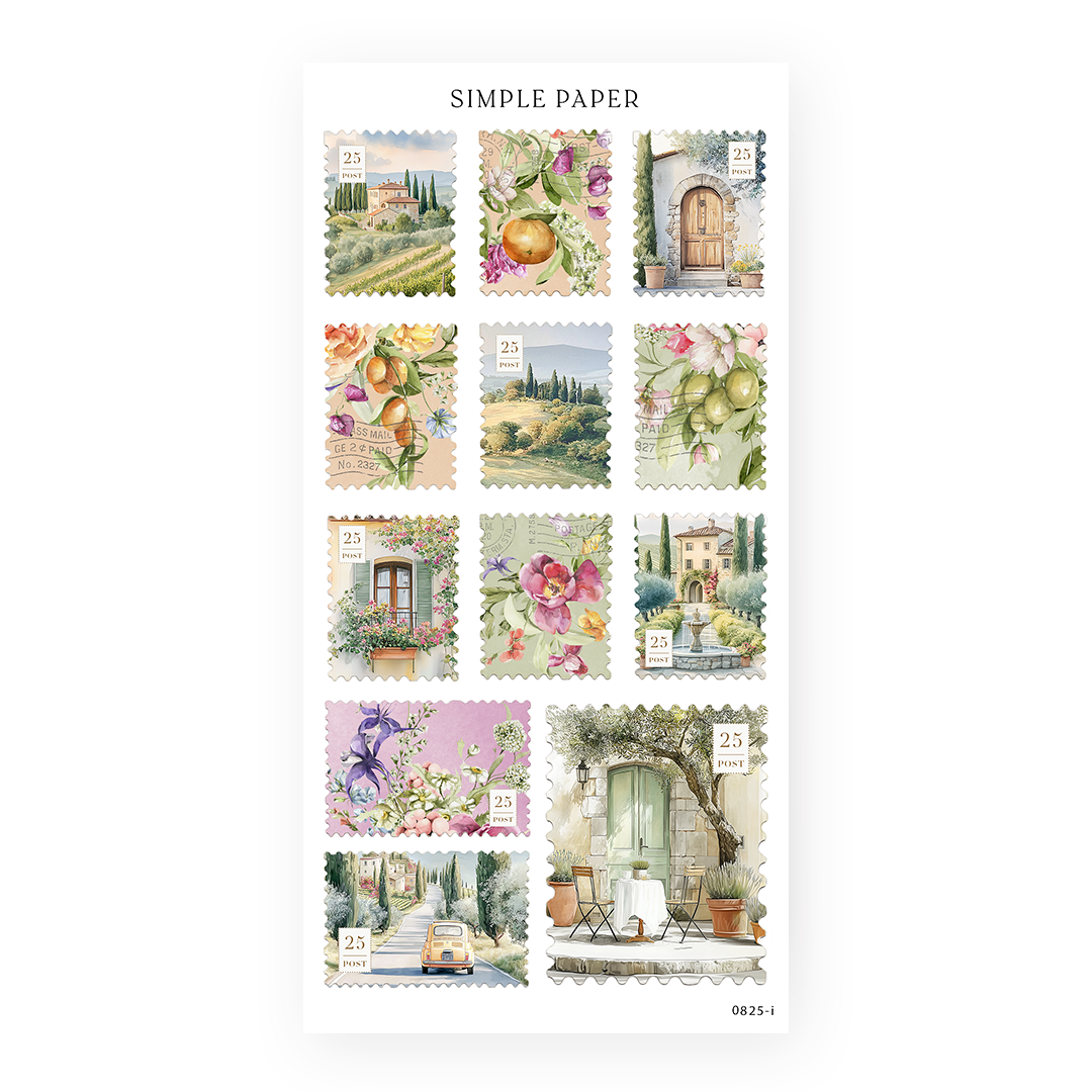 Postage stamp stickers with villa gardens, wooden doors, cypress hillsides and citrus florals, Sheet I