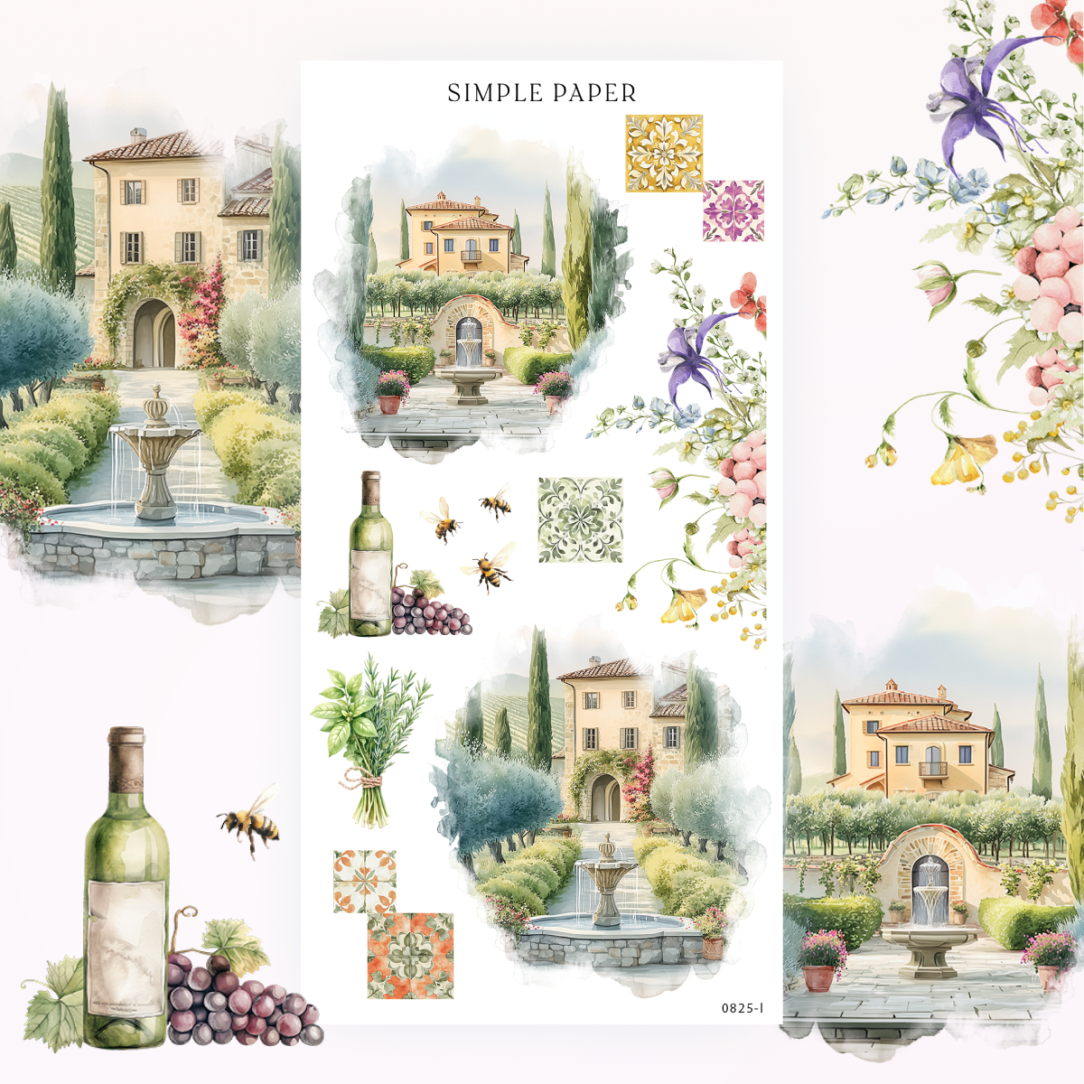 Garden fountain, columbine florals, wine and grapes, bees and an herb bundle, Sheet L