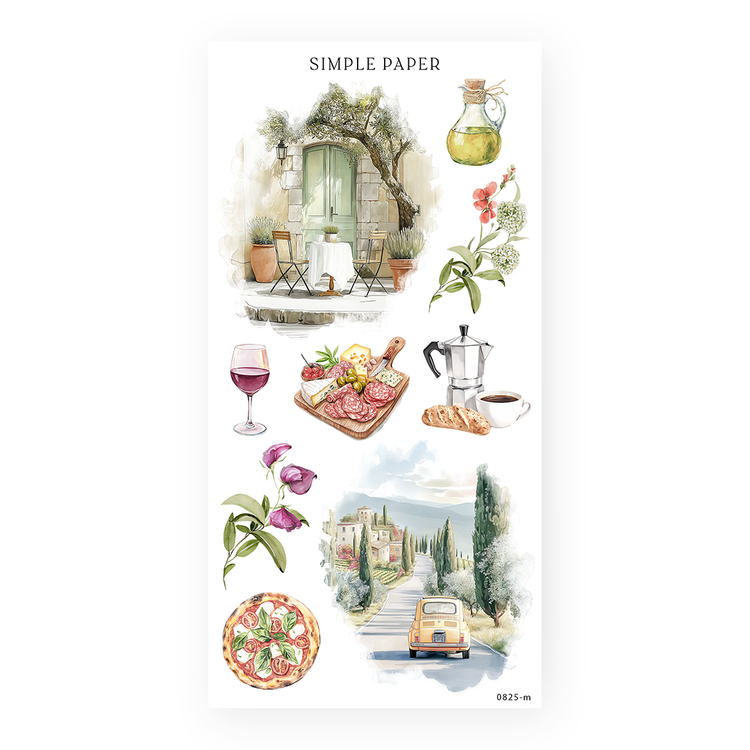 Letters From Tuscany – Café scene, charcuterie, and countryside road in watercolor style