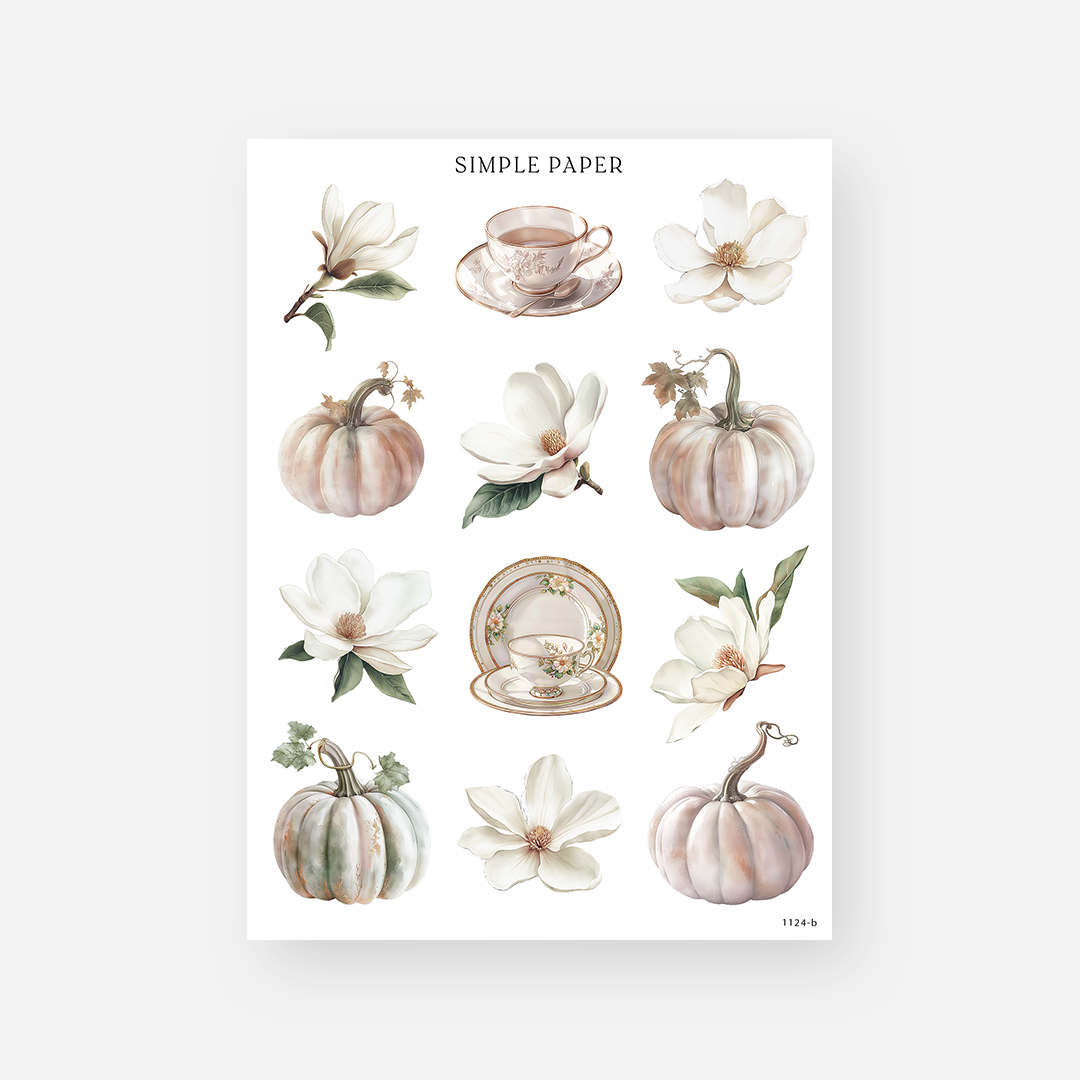 Magnolia and heirloom pumpkin stickers with a floral teacup and stacked china plates, November 2024 Sheet B
