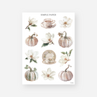 Magnolia and heirloom pumpkin stickers with a floral teacup and stacked china plates, November 2024 Sheet B