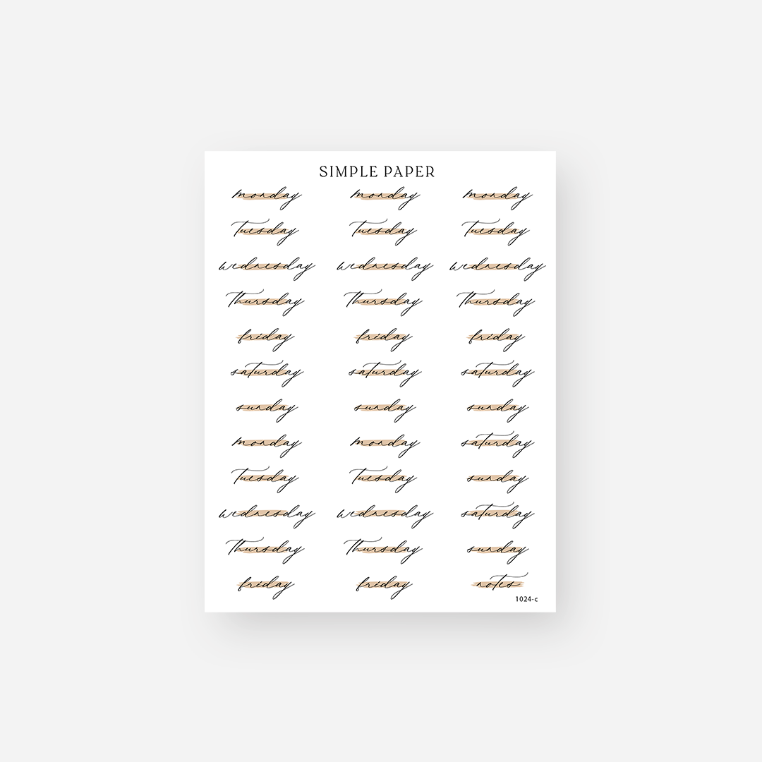Black script days of the week planner stickers with a notes label, November 2024 Sheet C