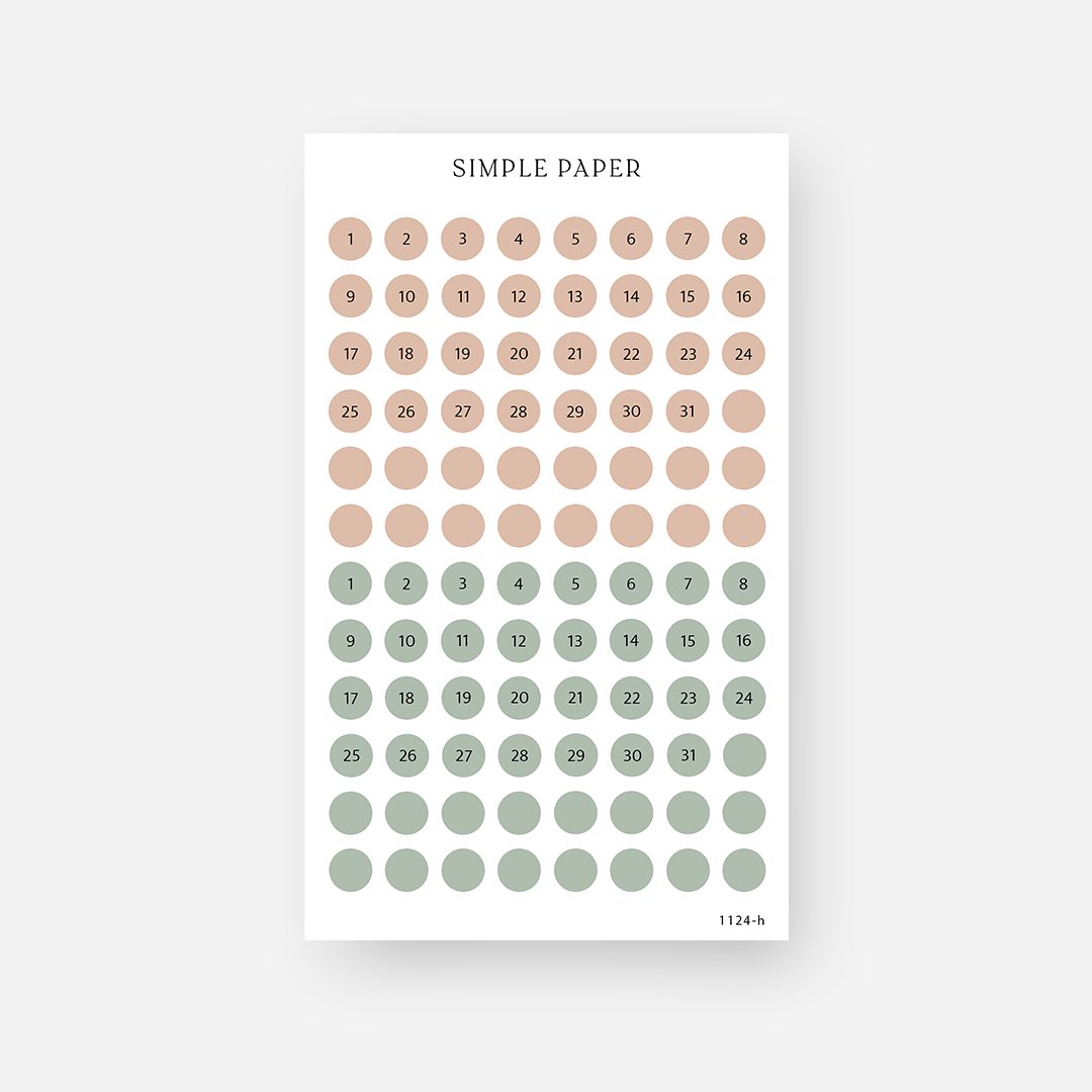 Blush and sage date dot stickers numbered 1 to 31 with blank dots, November 2024 Sheet H