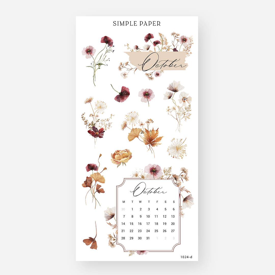 October calendar sticker sheet with pressed pink flowers and a maple leaf border, October 2024 Sheet D