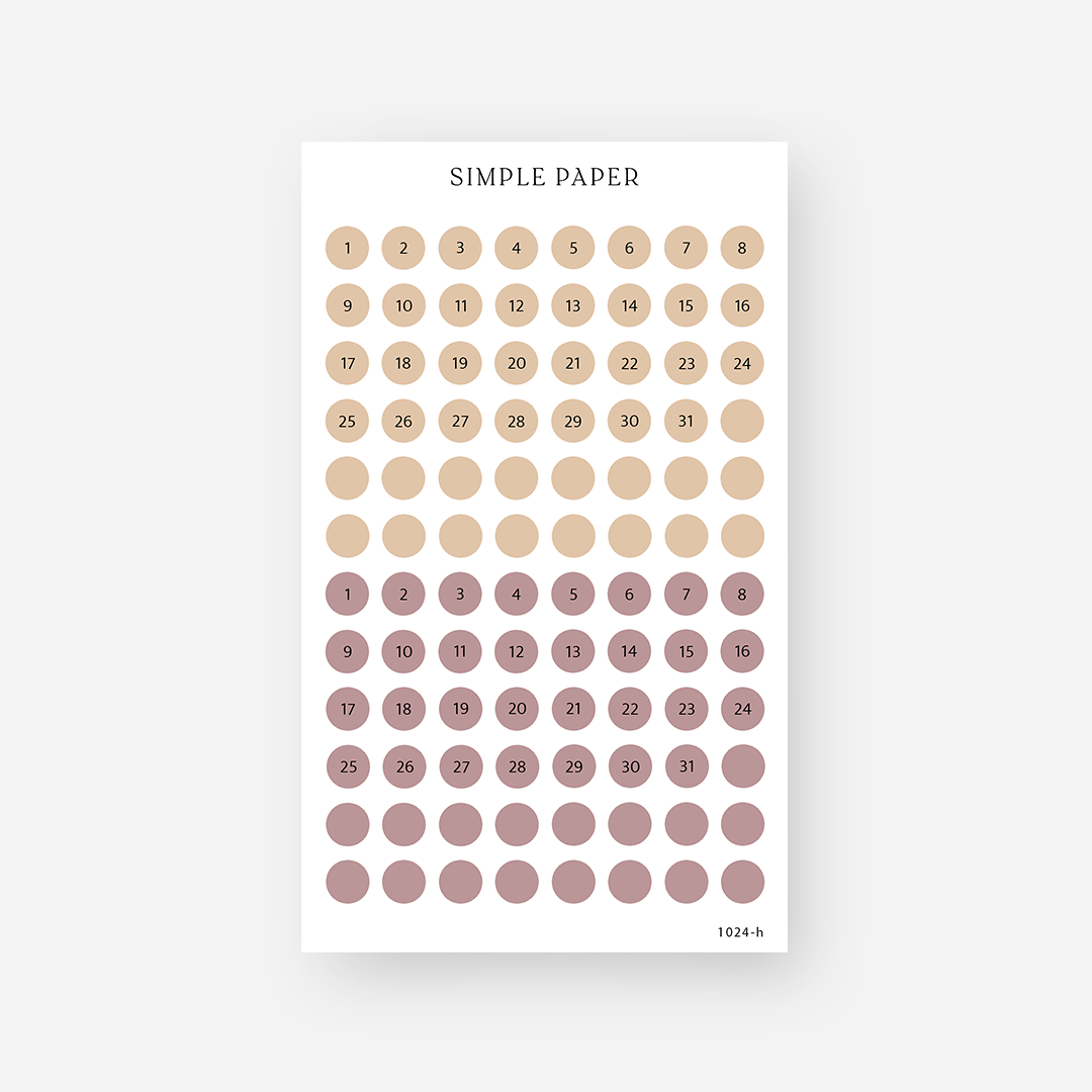 Tan and mauve date dot stickers numbered 1 to 31 with blank dots, October 2024 Sheet H
