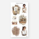 Library themed stickers with portraits, a grand archway, a teacup and card catalog drawers, October 2024 Sheet K