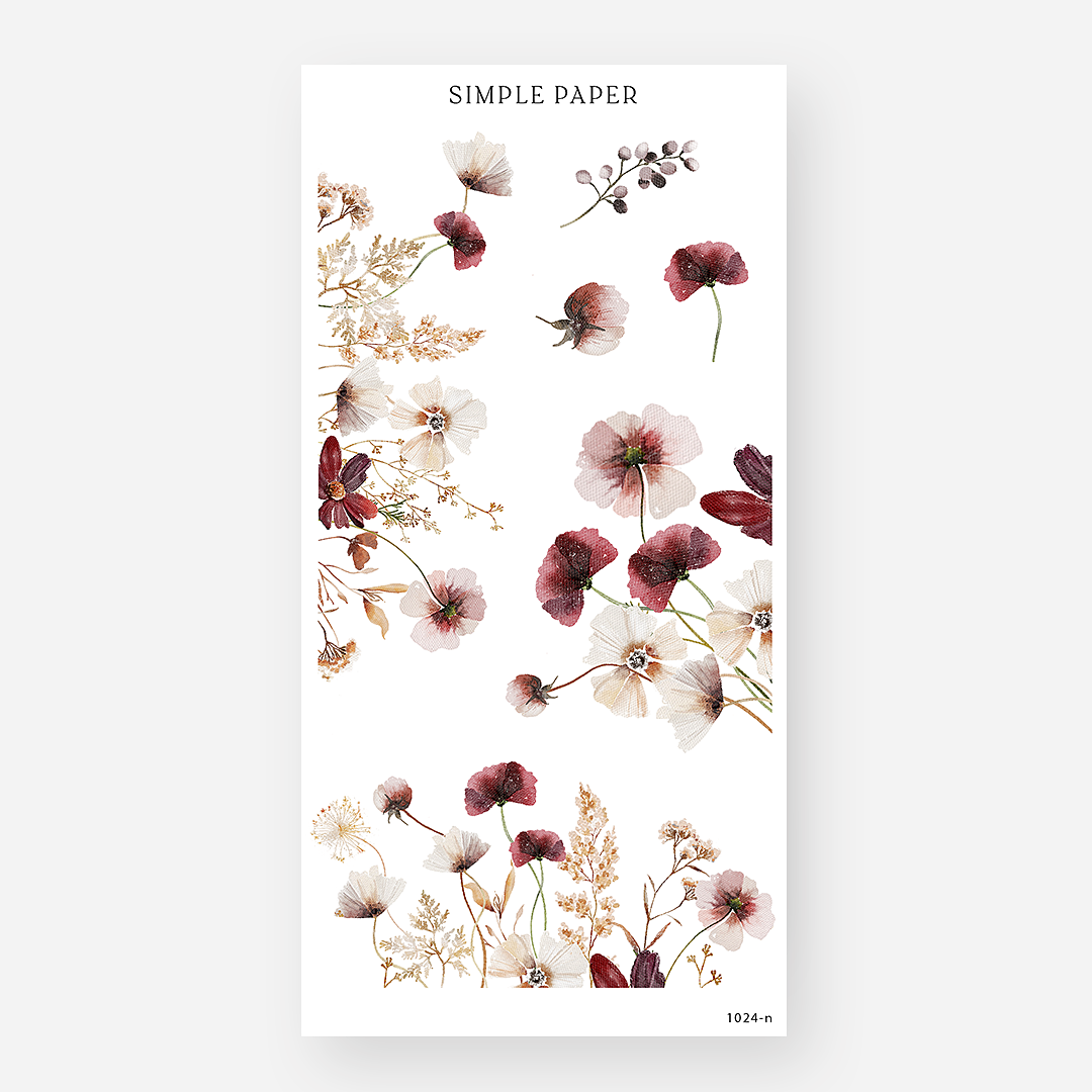 Pressed wildflower stickers in burgundy, cream and gold tones, October 2024 Sheet N