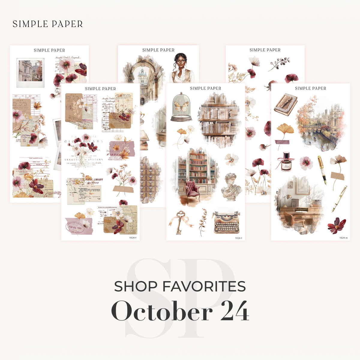 Shop Favorites bundle from the October 2024 kit with library cards, pressed florals and bookshelves