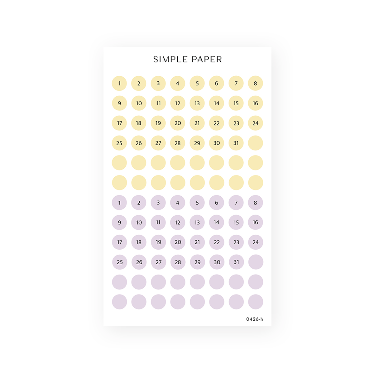 Pastel date dot stickers numbered 1 through 31 in soft butter yellow and lavender with matching blank dots