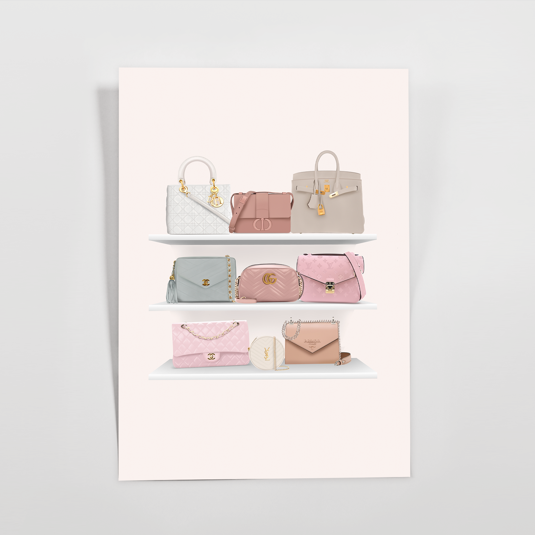 Blush pink journaling card with pastel pink, white, gray, and tan handbags arranged on white shelves