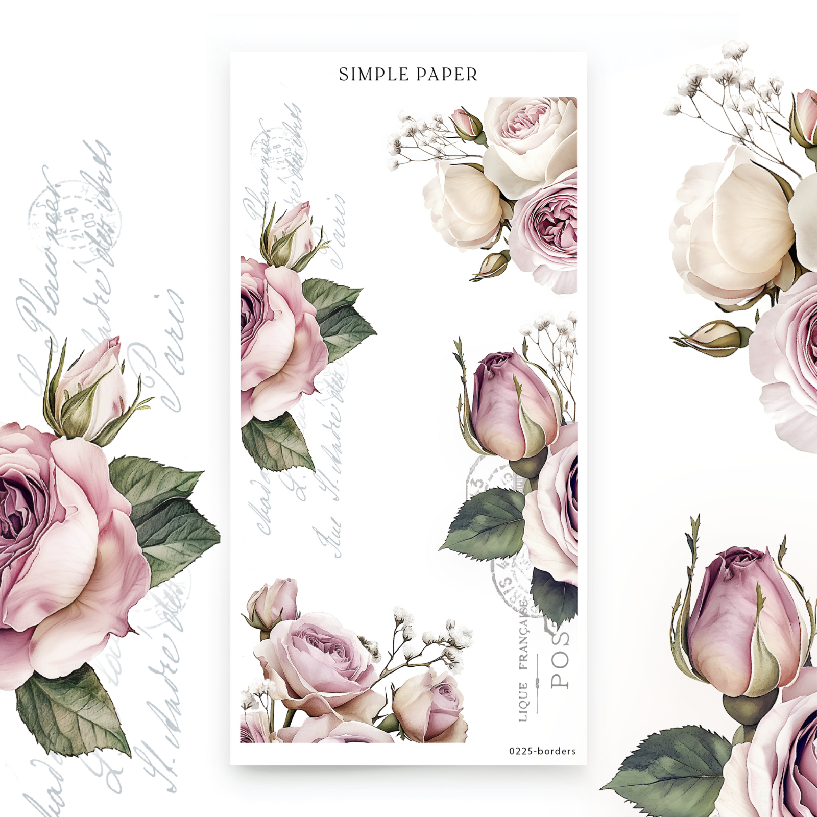 Rose corner border stickers in blush, mauve and cream with baby's breath sprigs, Extra Borders sheet