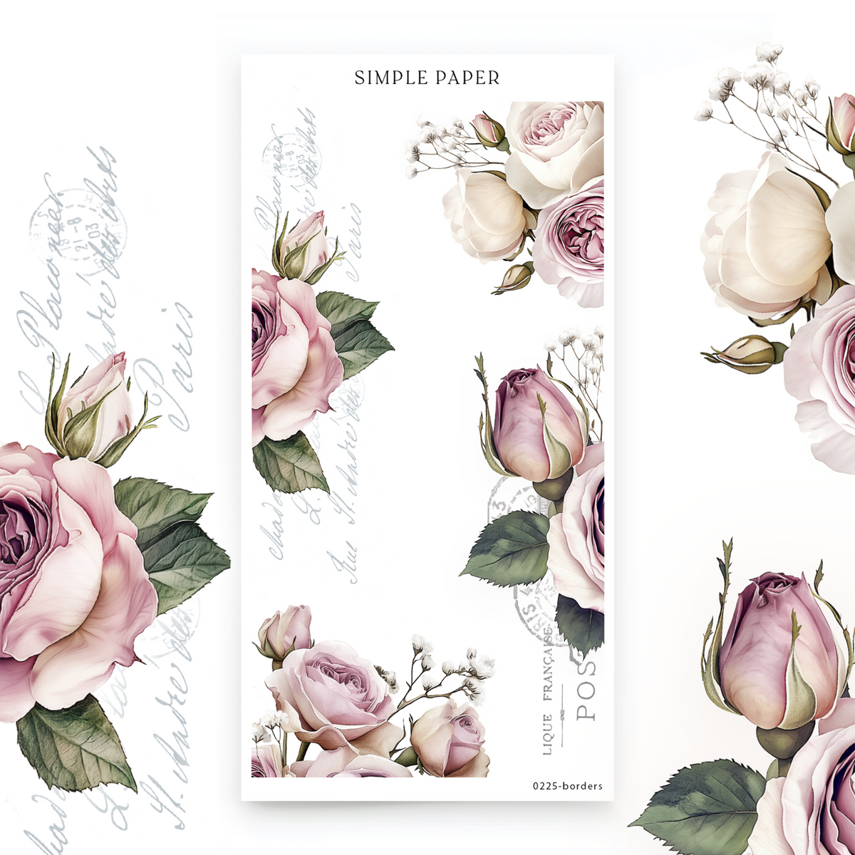 Rose corner border stickers in blush, mauve and cream with baby's breath sprigs, Extra Borders sheet