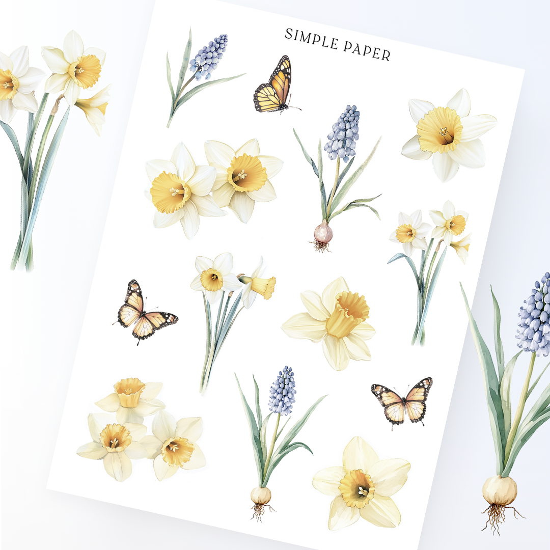 Daffodil and grape hyacinth stickers with monarch butterflies, Sheet B