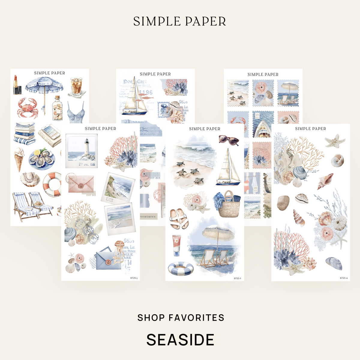 Seaside sticker bundle preview with sea turtles, sailboats, postage stamps, coral and a lighthouse