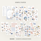 Full Seaside sticker kit overview with sea turtles, sailboats, coral, shells and postage stamps