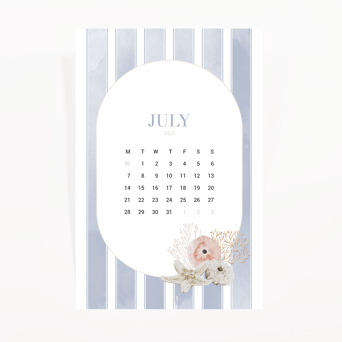 July 2025 calendar card in blue and white stripes with starfish, coral and a sea urchin