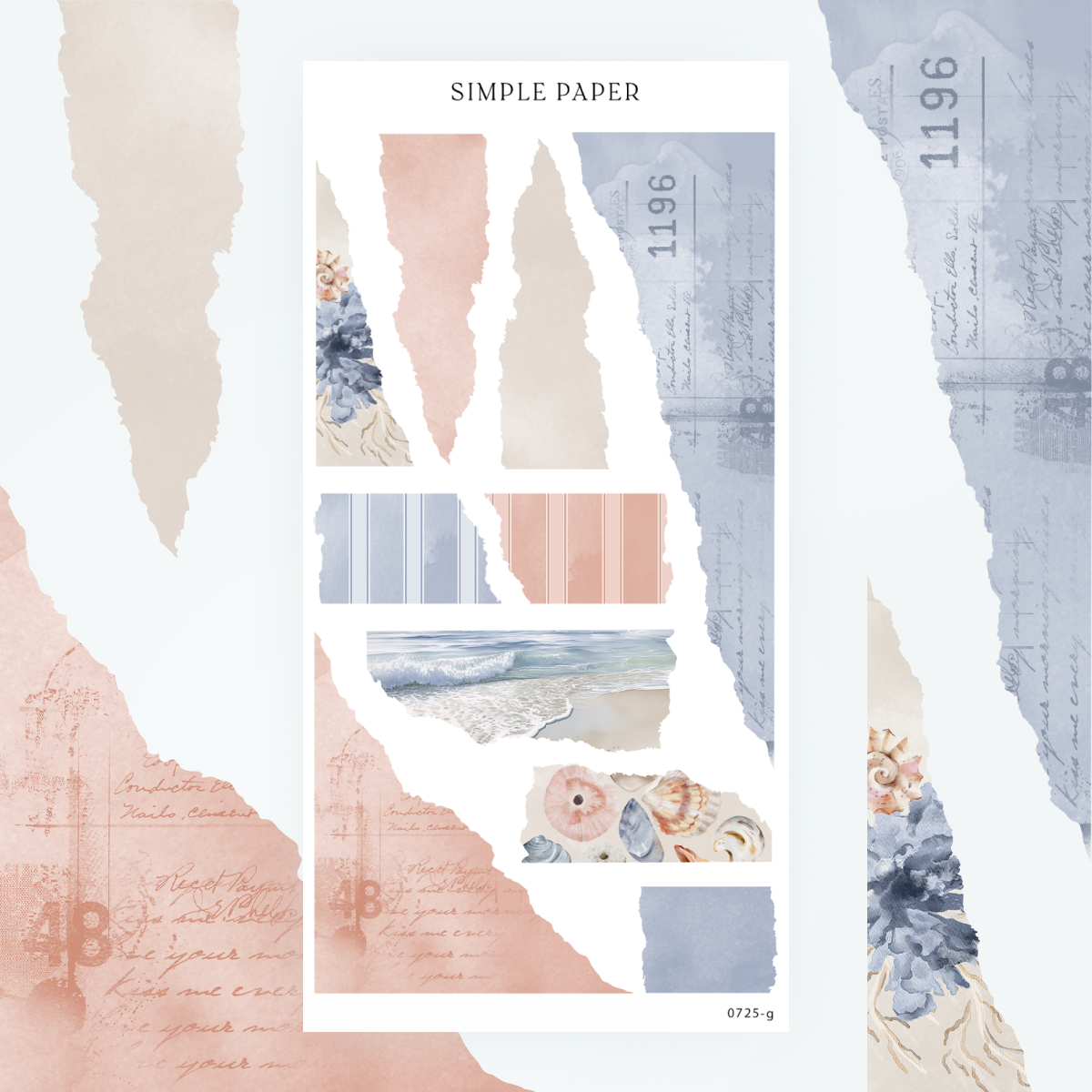 Torn edge paper stickers in coastal pink, tan and blue with a wave photo and shell cluster, Sheet G