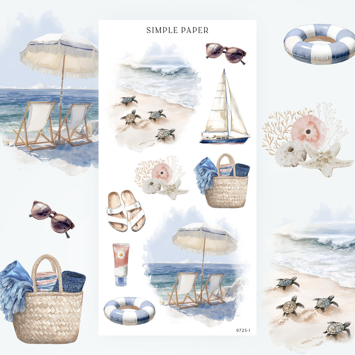 Coastal stickers with hatchling sea turtles, a sailboat, coral, sandals and a striped swim ring, Sheet L