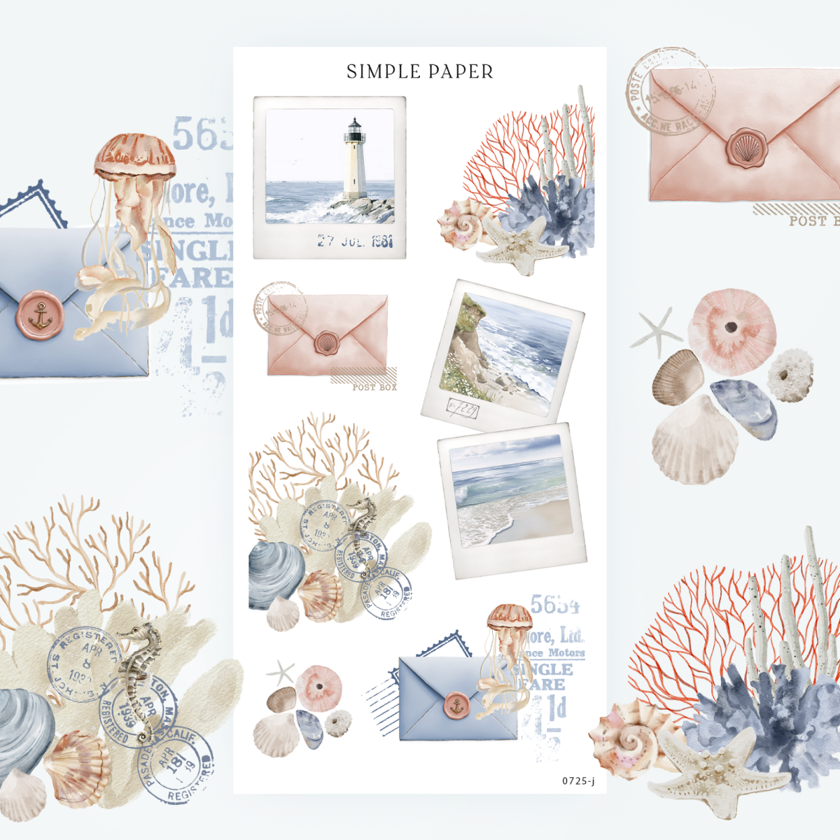 Seaside envelopes, coral stamps, beach snapshot photos and soft shells, for travel journaling and memory keeping