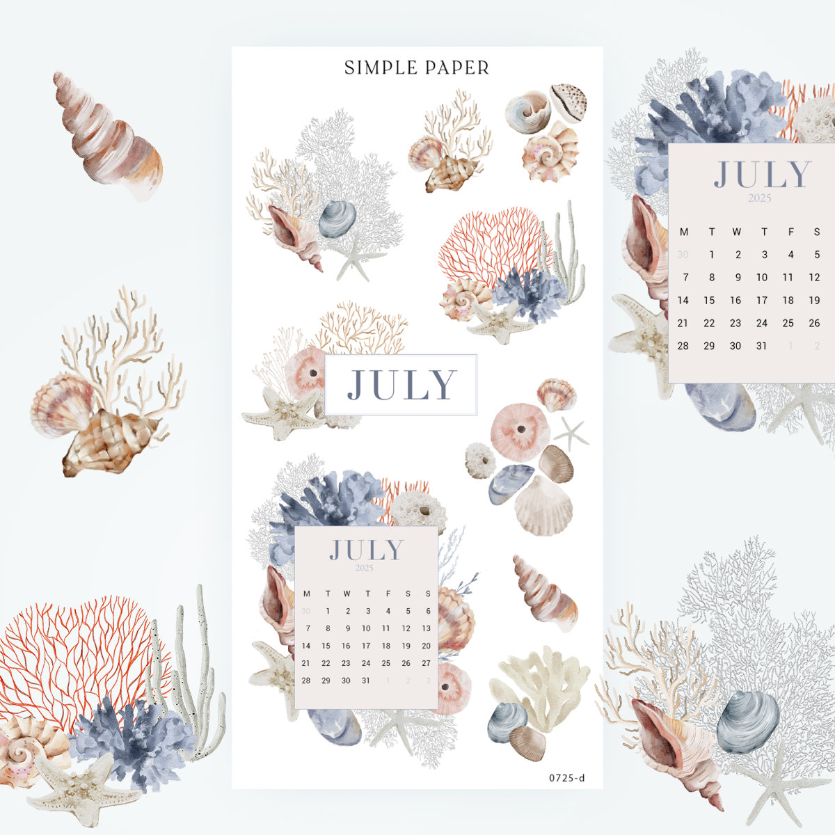 July calendar stickers with coral, shells and a starfish for planner spreads, Sheet D