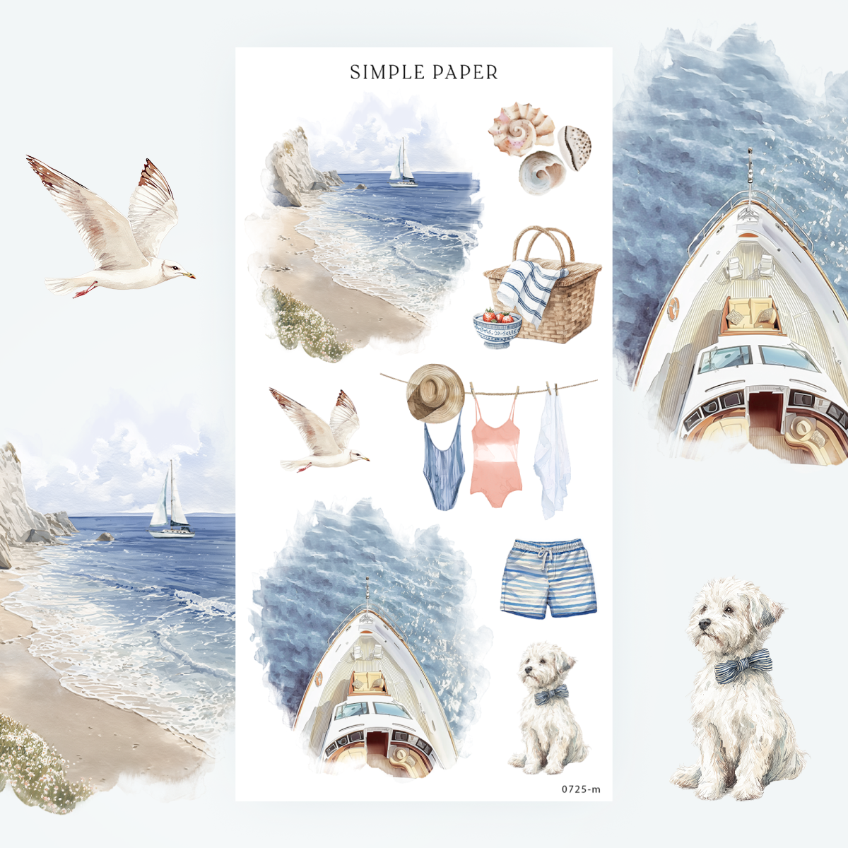 Coastal stickers with a picnic basket, a clothesline of swimsuits, a yacht and a white puppy, Sheet M