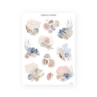 Coral and shell stickers in tan, blue and red with a starfish and sea urchin, Sheet A