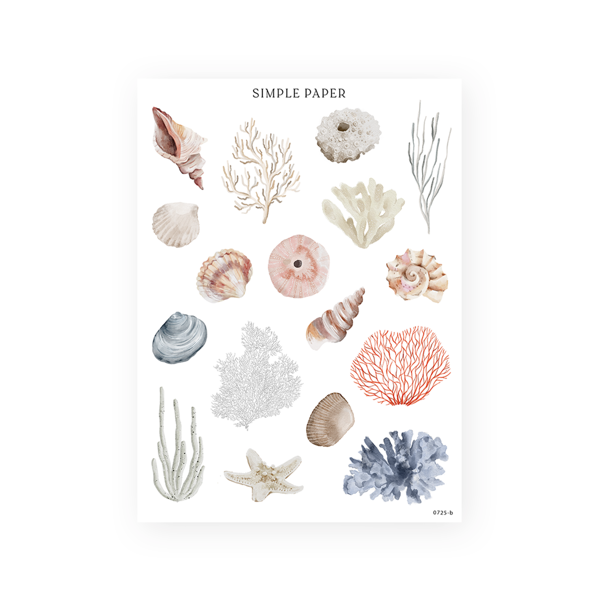 Shell and coral stickers in tan, red and blue-gray tones with a starfish and sea urchin, Sheet B