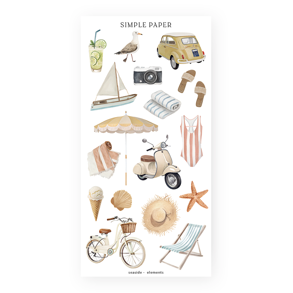 Retro travel stickers with a vintage car, sailboat, bicycle, camera, scooter, striped towels and sandals, Adventures Sheet 1