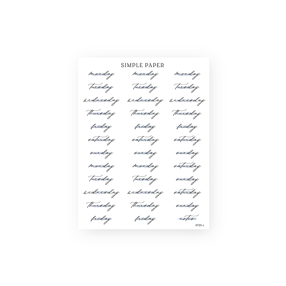 Cursive script weekday planner stickers with a notes label, Seaside Sheet C
